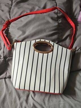 Striped White & Coral Crossbody Bag with Gold Accent